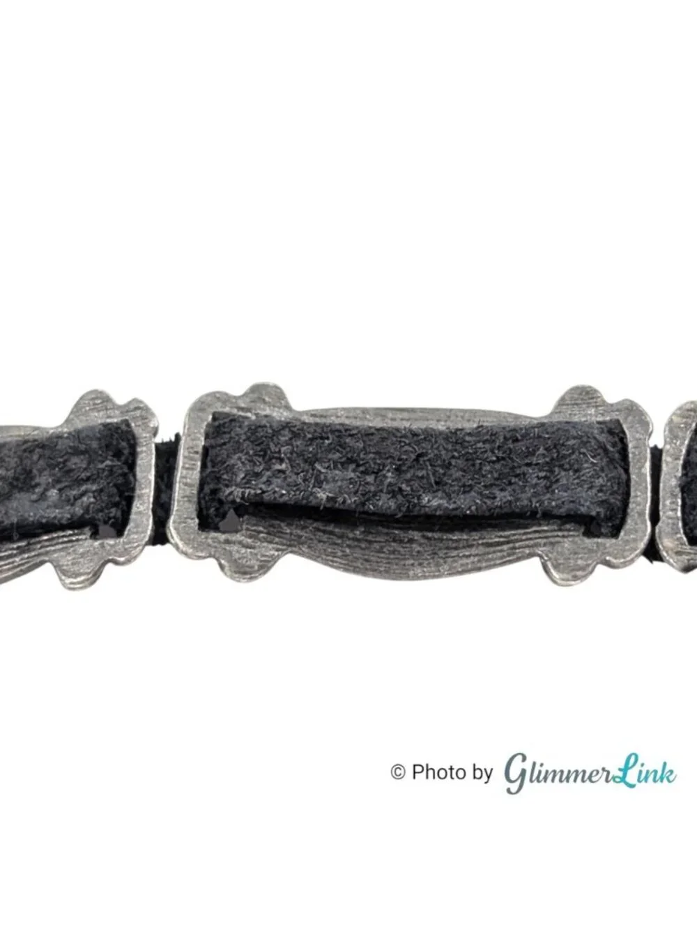 Vintage Western Concho Link Bracelet Black Leather Silver Tone 7 Inch